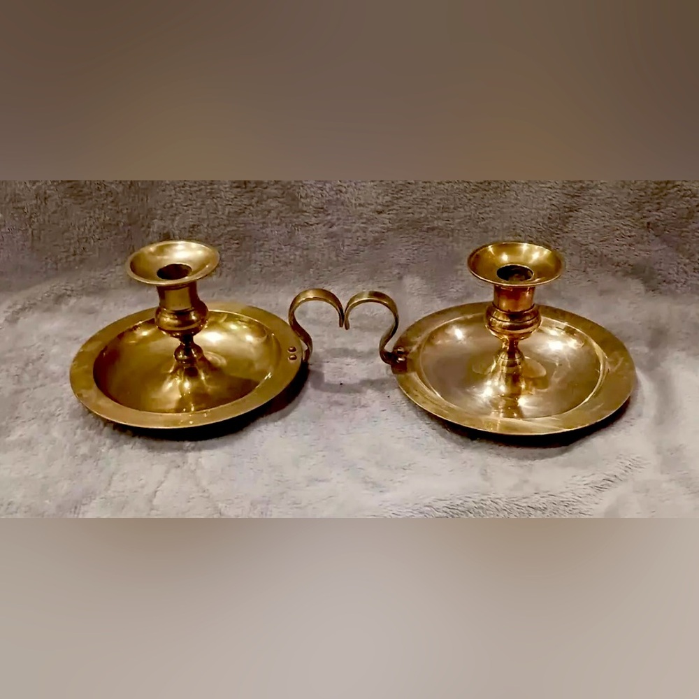 Brass Candle Stick with Loop Handle, Pair of 2 Solid Brass, Chamber Style Large